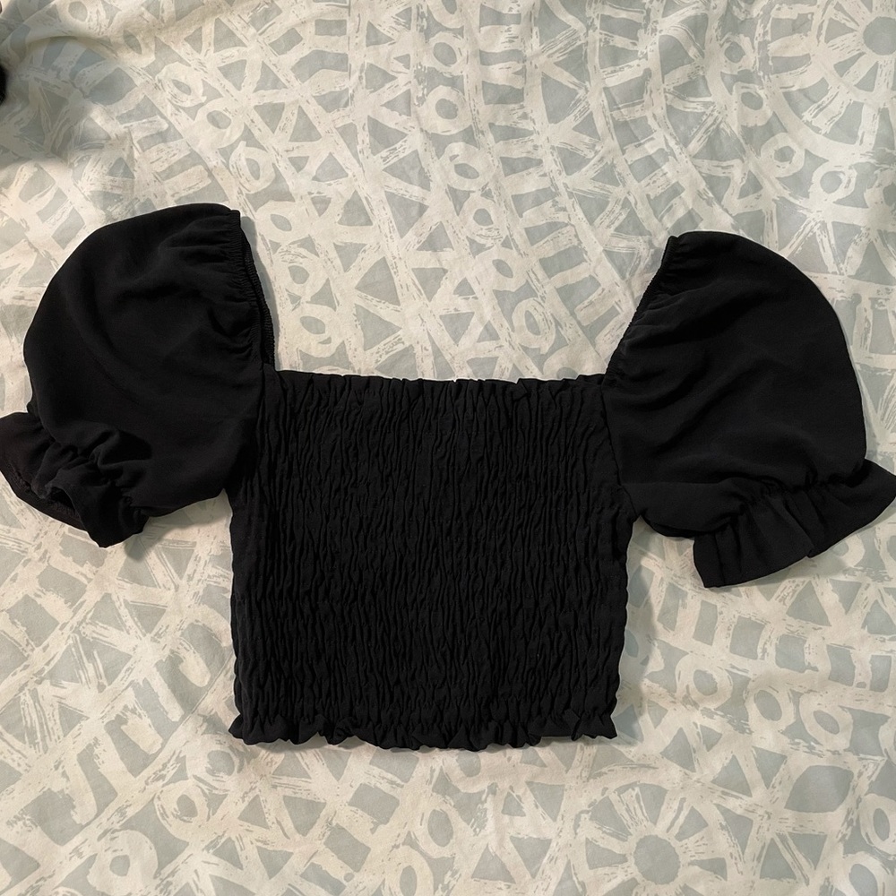 Boohoo black linen shirred puff sleeve shirt - Picture 4 of 4